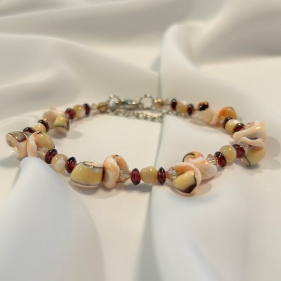 Shell Bead, Pearl, Garnet & Swarovski Crystal Bracelet - Picture 2 of 3